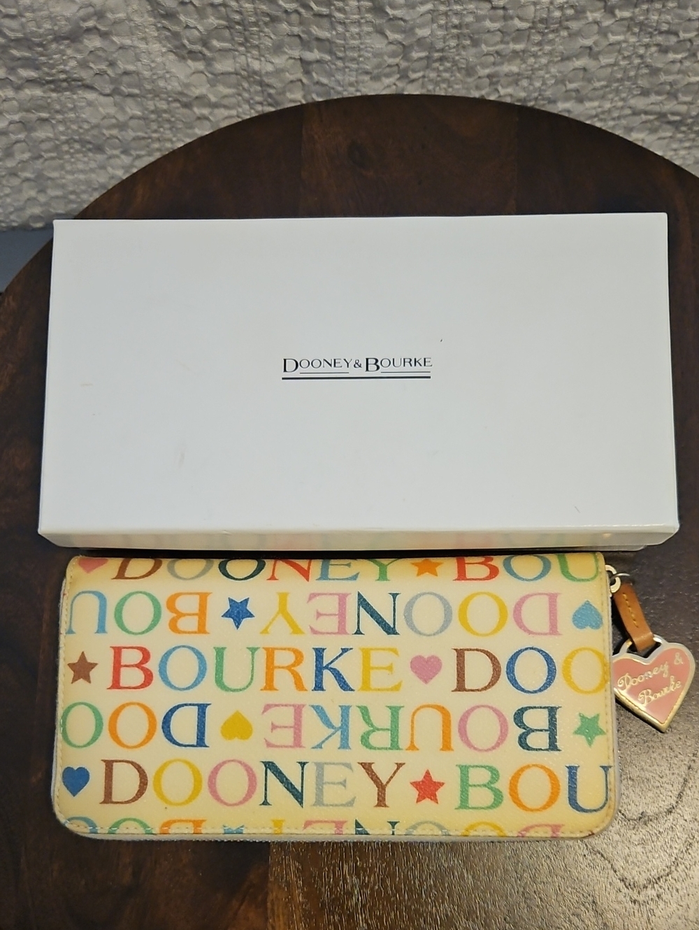 Dooney & Bourke Cream Multicolor Logo Zip Wallet with Heart Charm